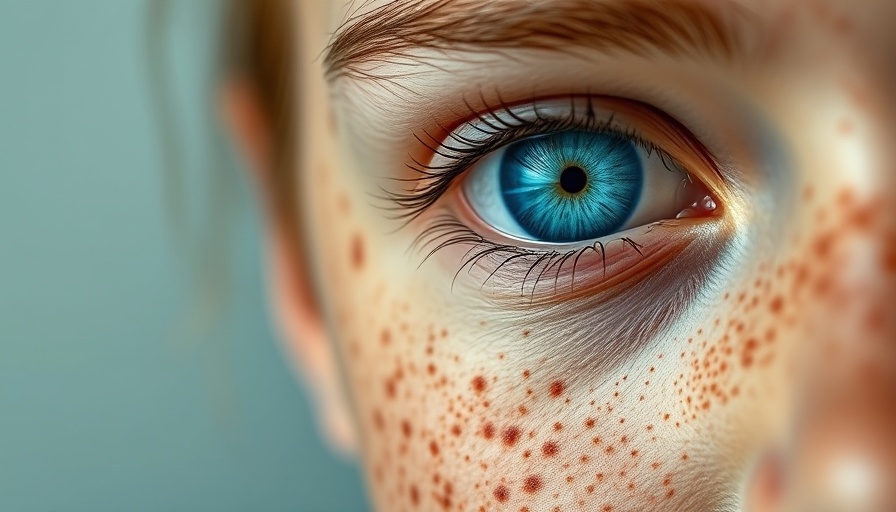 Close-up of a freckled face highlighting genetic traits with a blue eye.
