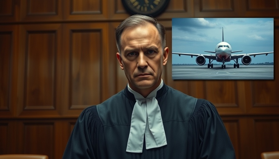 Judge in courtroom with inset of plane, Trump Alien Enemies Act deportation concept.