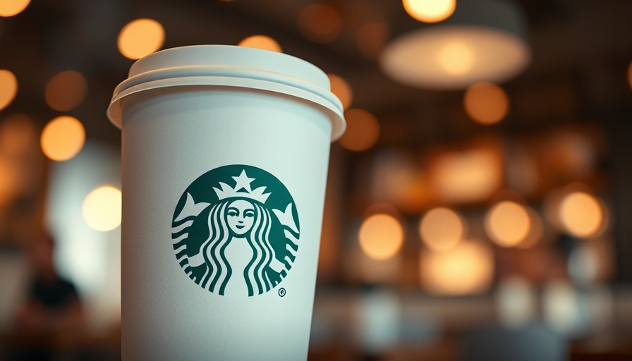 Close-up of Starbucks coffee cup with iconic logo in bokeh cafe.