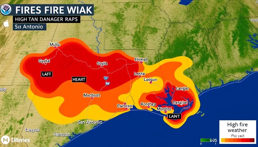High fire danger map for San Antonio area showing risk zones.