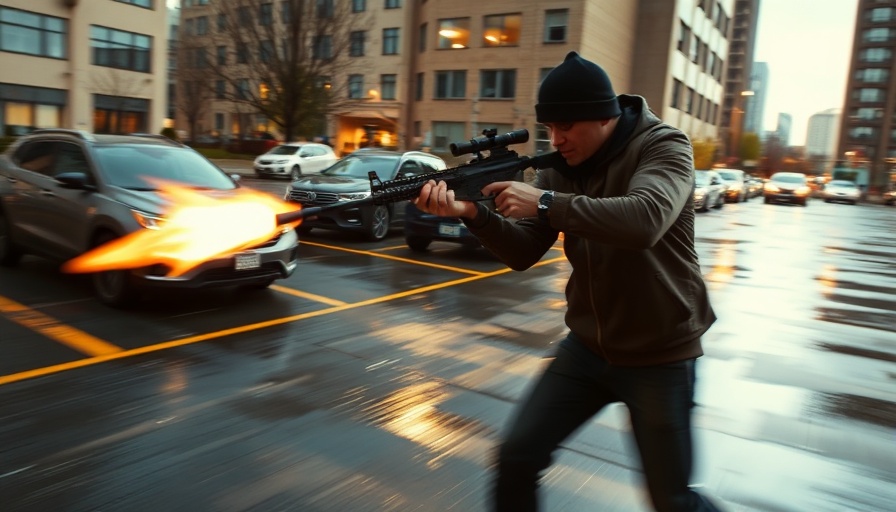 Man fires AR-15 in parking lot with dramatic motion.