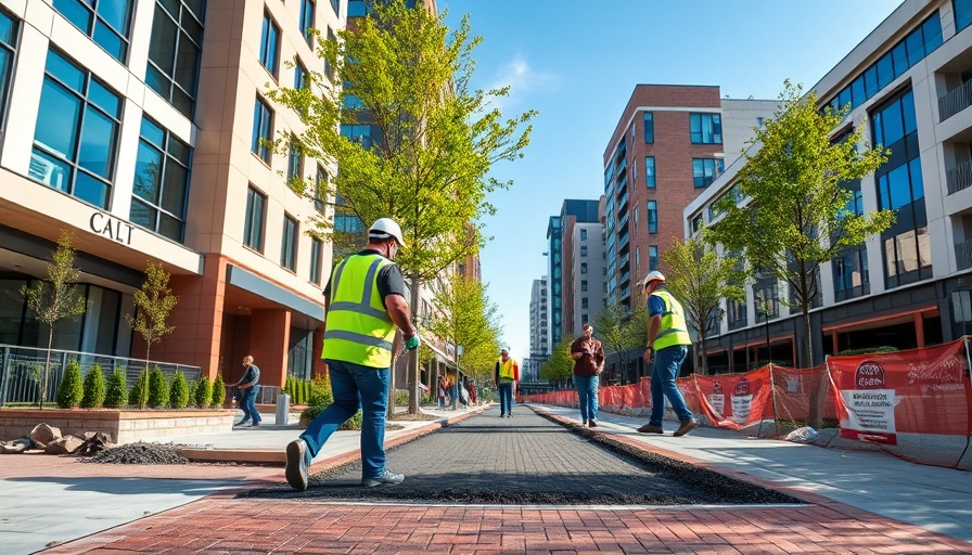 Construction workers redeveloping Mueller neighborhood sidewalk