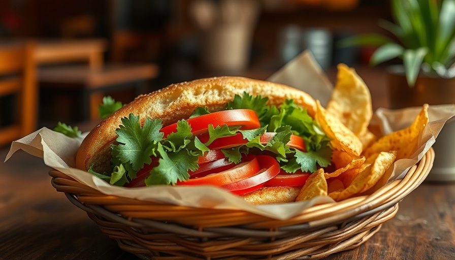 Whole foods for beauty: Gourmet sandwich with greens and chips in basket.