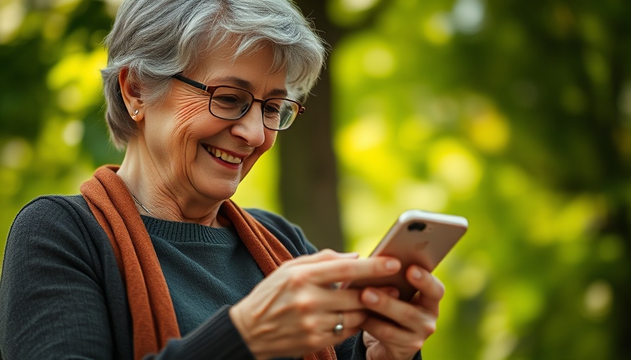 Smiling older woman using smartphone in garden, AI to Improve Your Health.