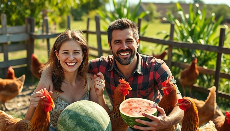 Happy couple embracing plant-based lifestyle outdoors with chickens.