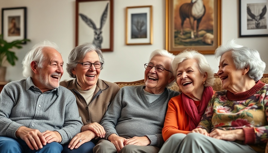 Elderly friends laughing together in a cozy room promoting health and wellness.