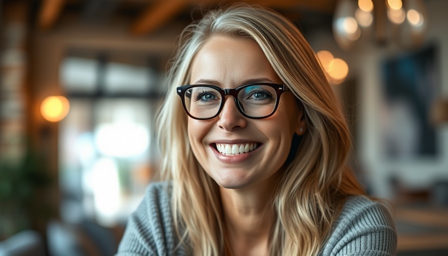 Smiling woman in glasses with blonde hair in an indoor setting.