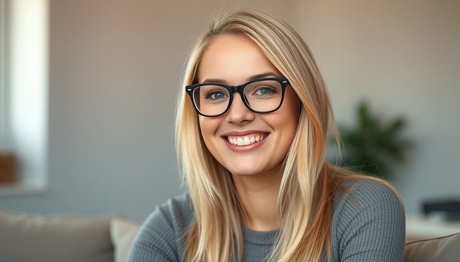 Blonde woman smiling indoors, wearing glasses.