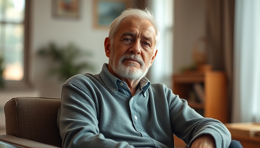 Inspirational older man showing resilience, peaceful setting.