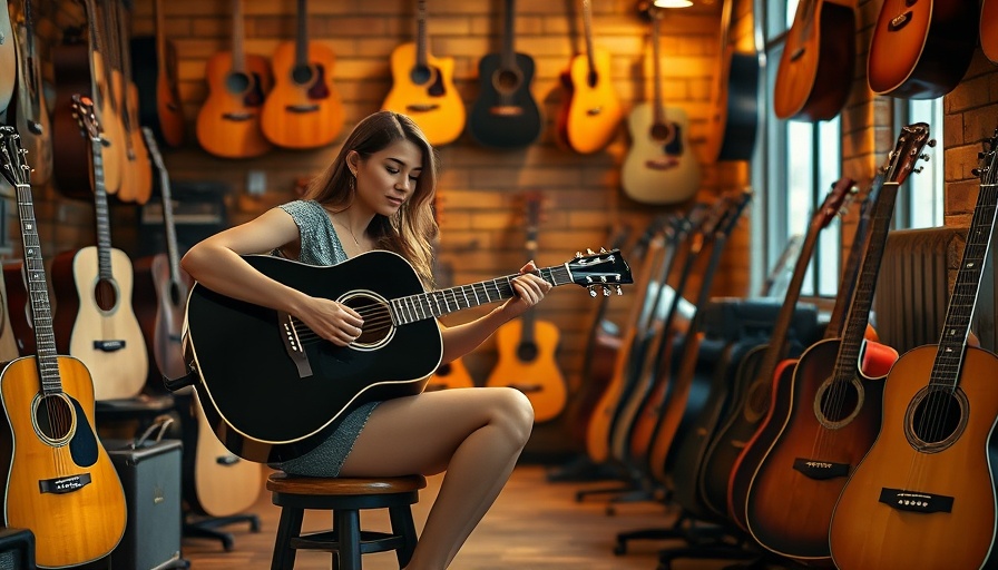 Woman playing guitar in a cozy shop with sustainable guitars on display.