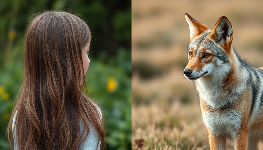 Young girl and coyote outdoors, nature setting.