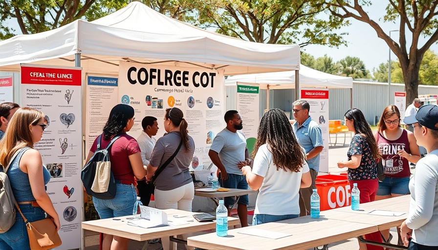 San Antonio free measles vaccine clinic with people gathering and a health information booth.