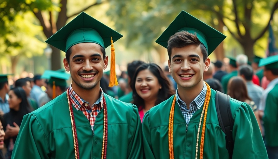 Graduating twins smiling with woman outdoors at ceremony.