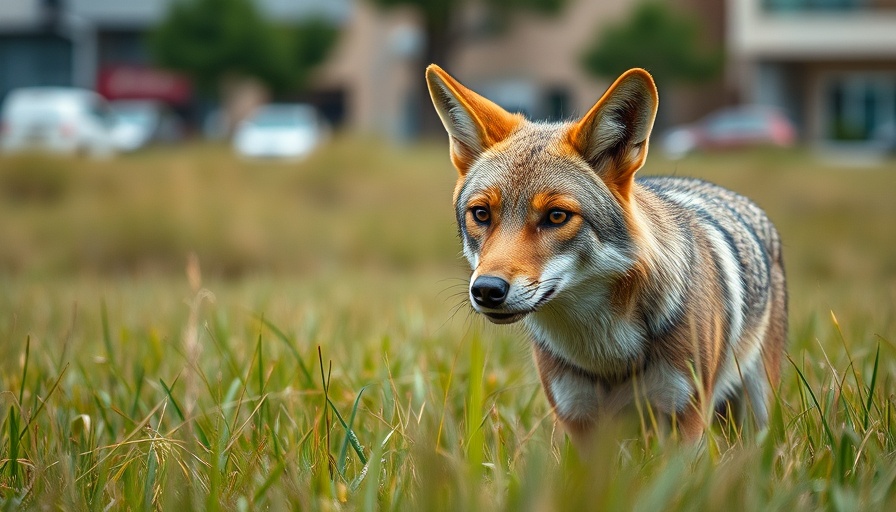 Coyote in urban area, cautious gaze, among city park.