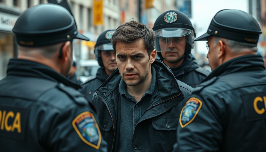 Man in black jacket detained by police officers in urban setting.