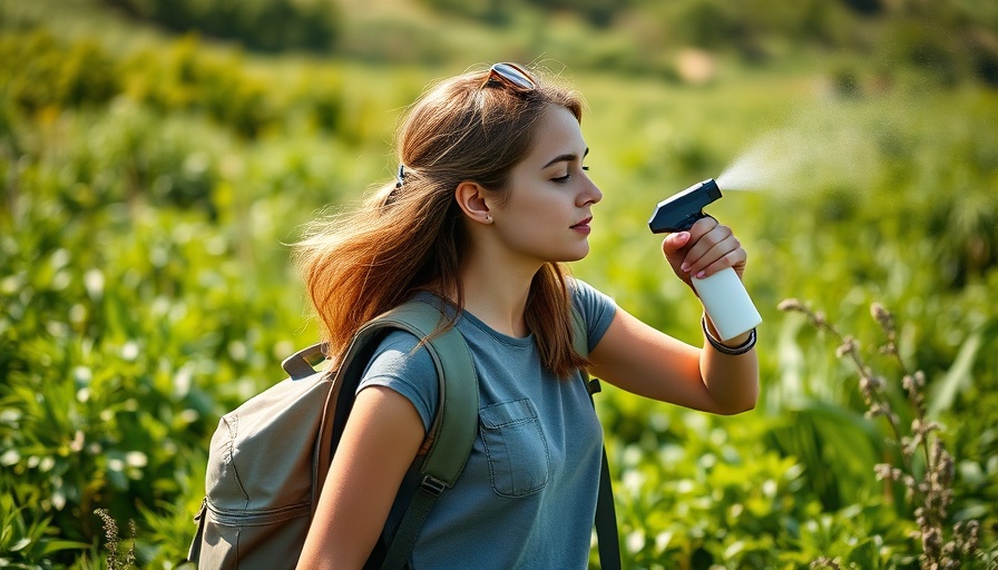 Woman in field spraying repellent, Japanese encephalitis prevention.