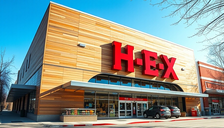 H-E-B grocery store Denton exterior with red sign and blue sky.