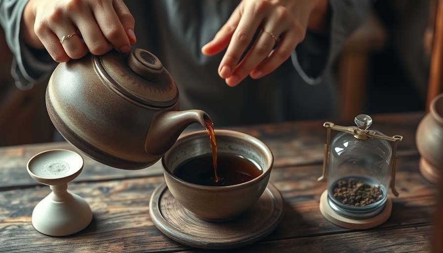 Person brewing herbal medicine with teapot and herbs, traditional setup.