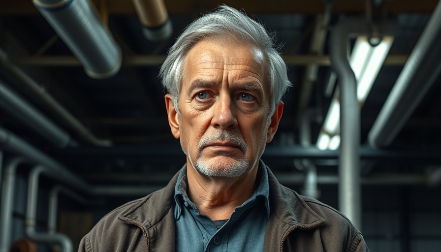 Serious man in industrial setting reflecting on significant changes.