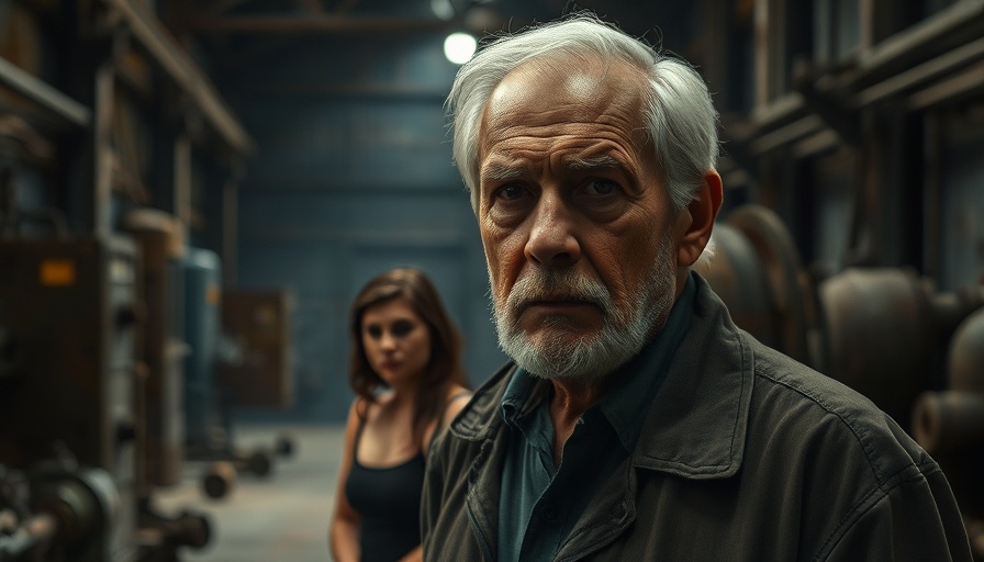 Scene depicting a thoughtful elderly man in an eerie, industrial setting.