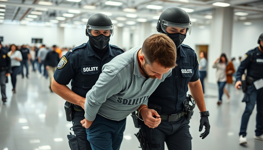 Security personnel escort man in chains indoors, deportation context.