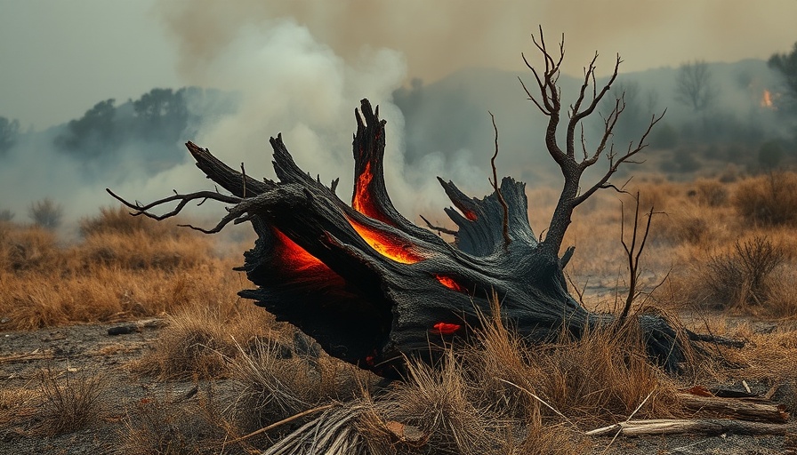 Burnt tree amid smoke during Gillespie County wildfire evacuations.