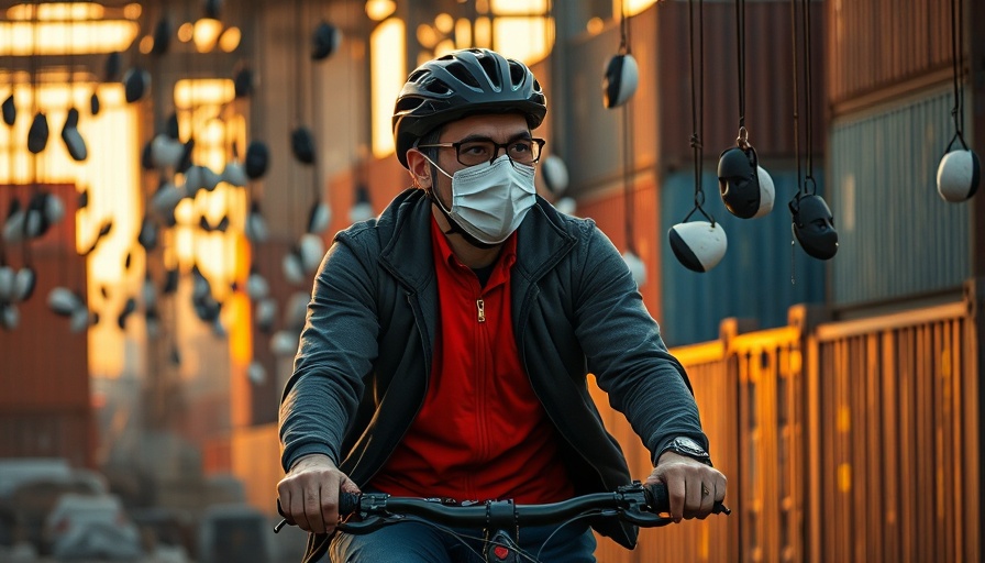 Cyclist passes hanging masks in urban construction zone.