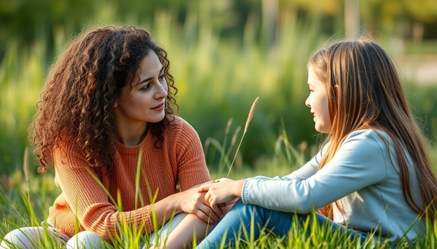 Woman and girl conversing in a grassy field, addressing the stigma of hearing aids.