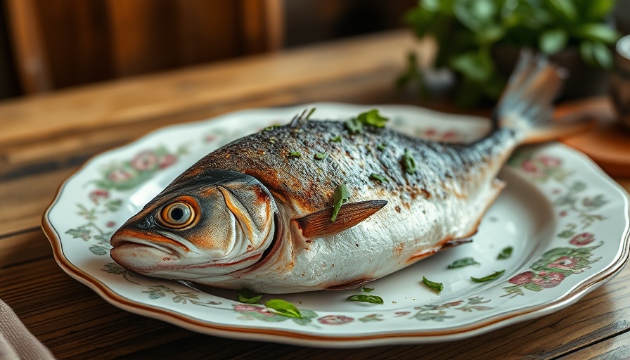 Elegant whole fish dish in Houston hotel restaurant on vintage plate.