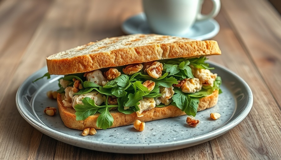 Chicken salad sandwich with arugula and walnuts on grey plate.