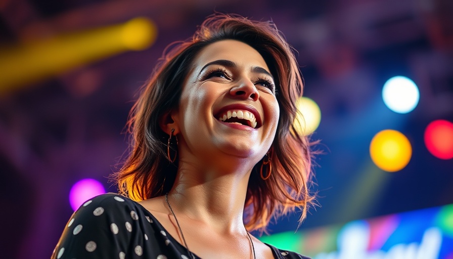 Vibrant smiling woman performing under colorful lights, Selena y Los Dinos Documentary.