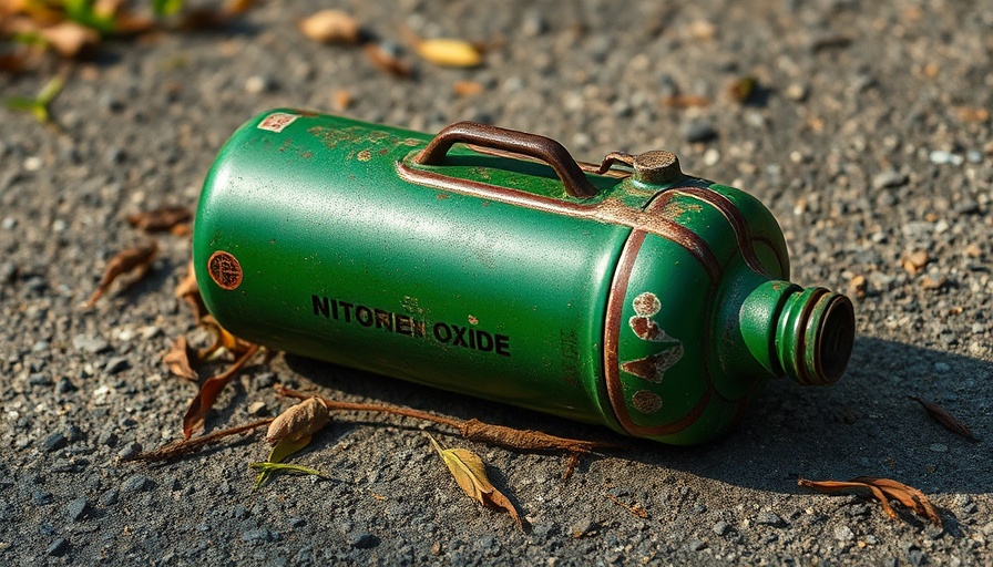 Rusty nitrous oxide canister on pavement, highlighting laughing gas health risks.