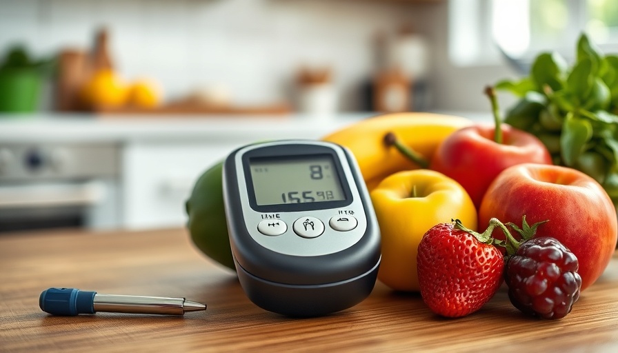 Glucometer and healthy foods represent managing diabetes to prevent vision loss.