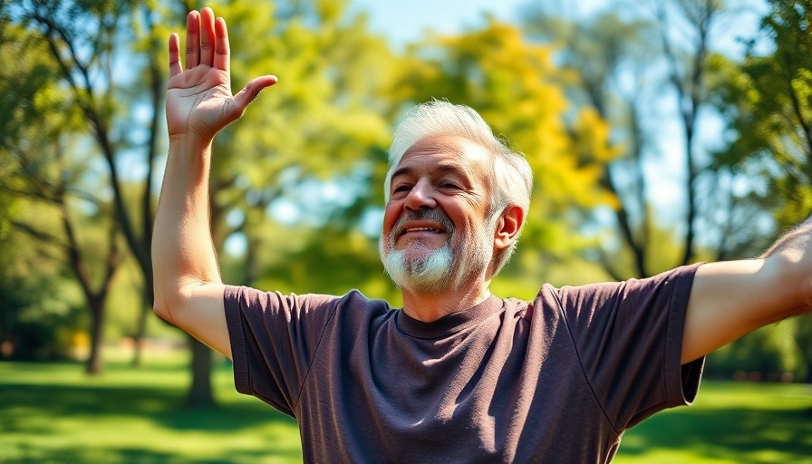 Elderly man practicing yoga in park for Alzheimer's prevention.
