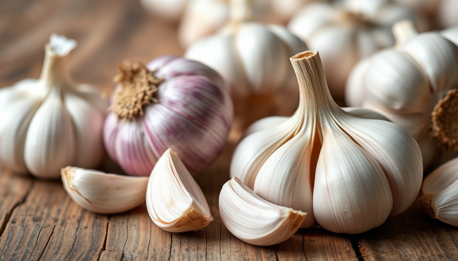 Aged garlic extract benefits: fresh garlic bulbs on rustic table.