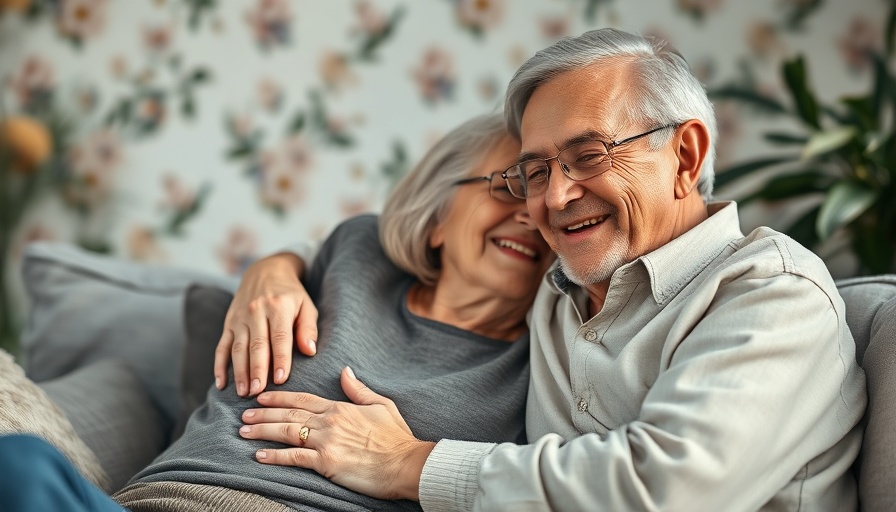 Smiling older couple embracing on a couch, staying healthy after 60.