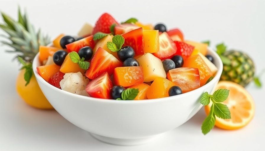Colorful long lasting fruit cocktail salad in a white bowl