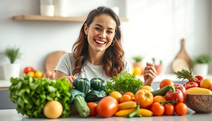 Cheerful woman arranging immune boosting foods in kitchen.