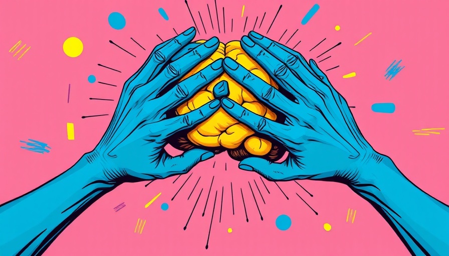 Abstract art with hands and head illustrating mental health themes in a colorful style.