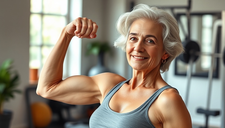 Confident older woman flexes arm showing strength.