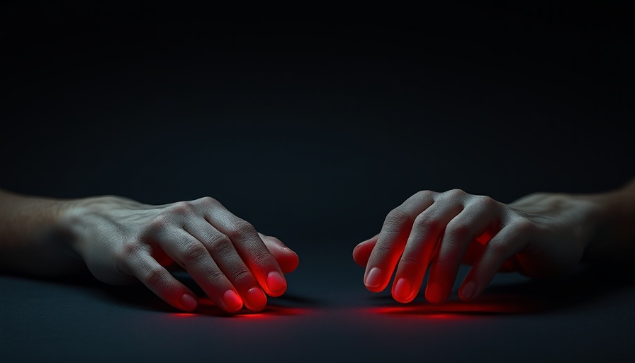 Glowing red hand illustrating rubber hand illusion.