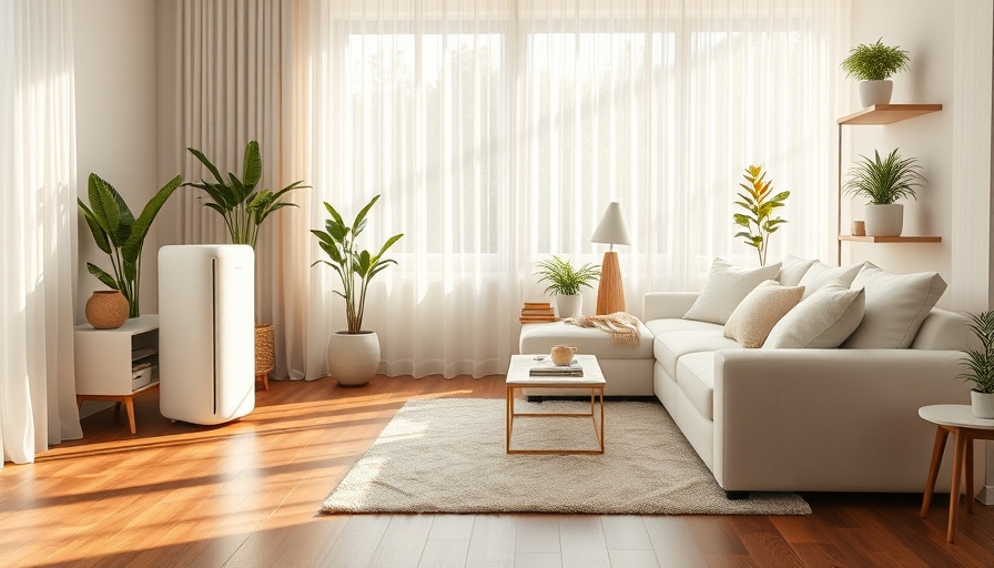 Modern living room with air purifier emphasizing sources of microplastics.