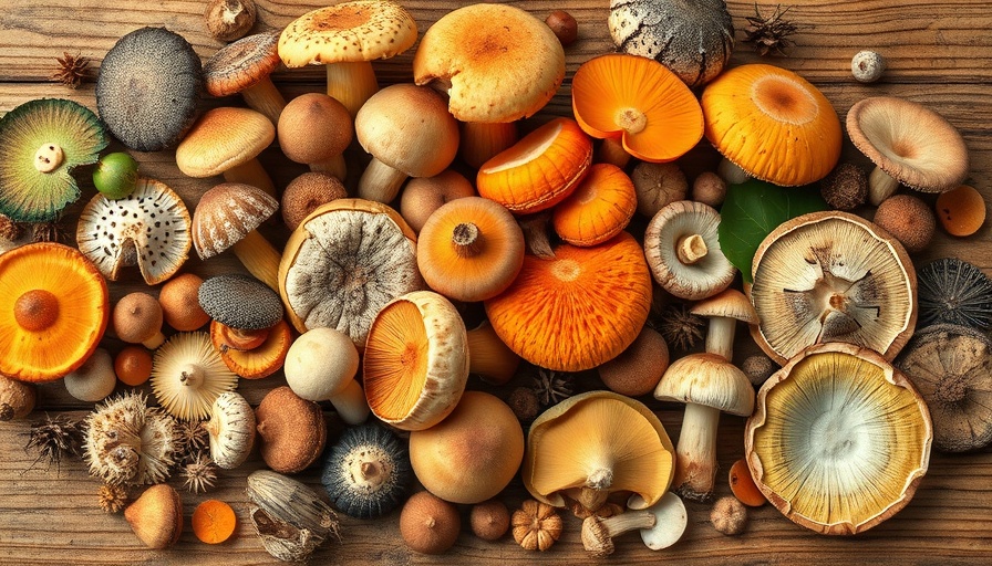 Diverse medicinal mushrooms artfully displayed for health benefits.