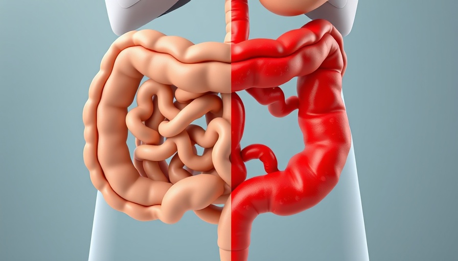 3D illustration comparing healthy and inflamed gut highlighting food sensitivities.