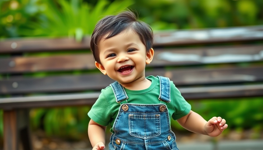 Happy child wearing green shirt and denim overalls playing outside.