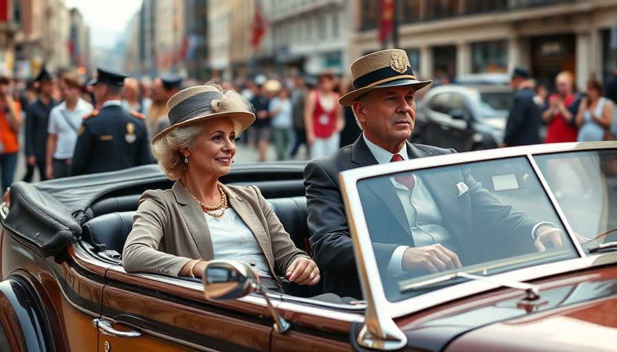 Iconic motorcade scene with a convertible and notable figures, police escort.