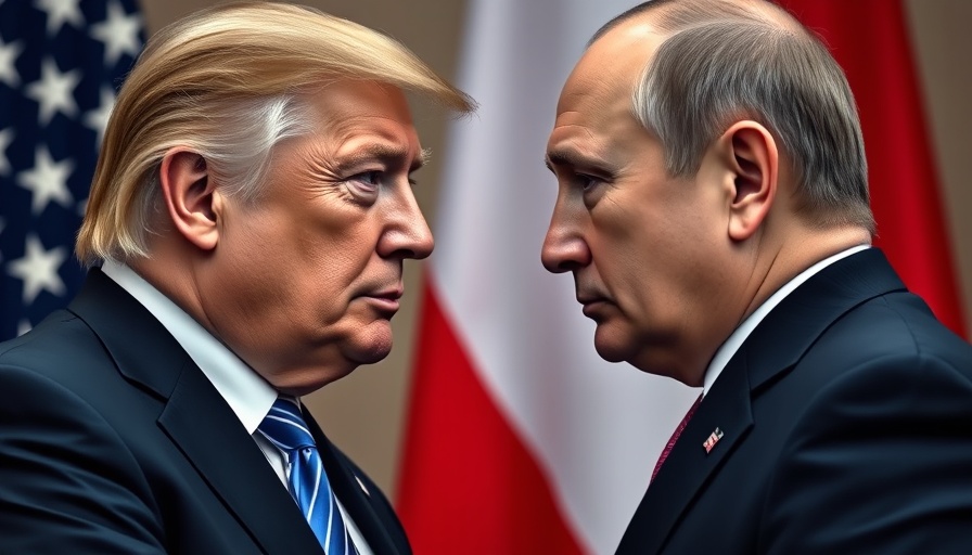 Detailed portrait of two leaders with US and Russian flags backdrop.