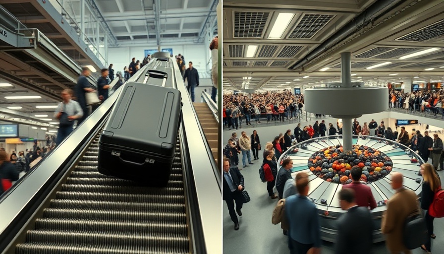 Chaotic baggage claim with luggage falling and crowd.