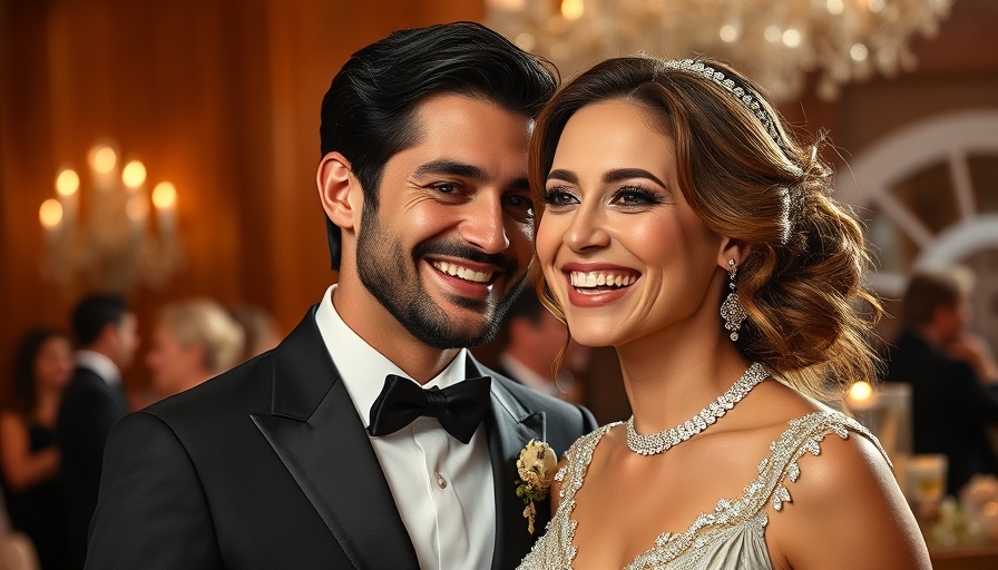 Breaking news on elegant couple in glamorous attire smiling joyfully.