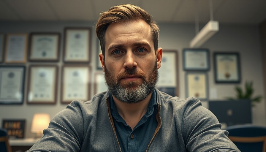 Casual man indoors with certificates in background.